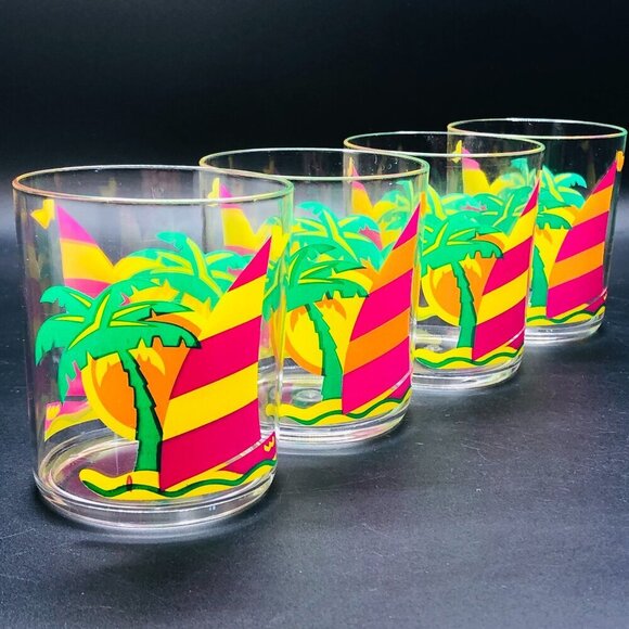 80s Gas station Premium Promo Tropical Sail Boat Plastic Drinking Cup Set of 4 - Picture 1 of 10